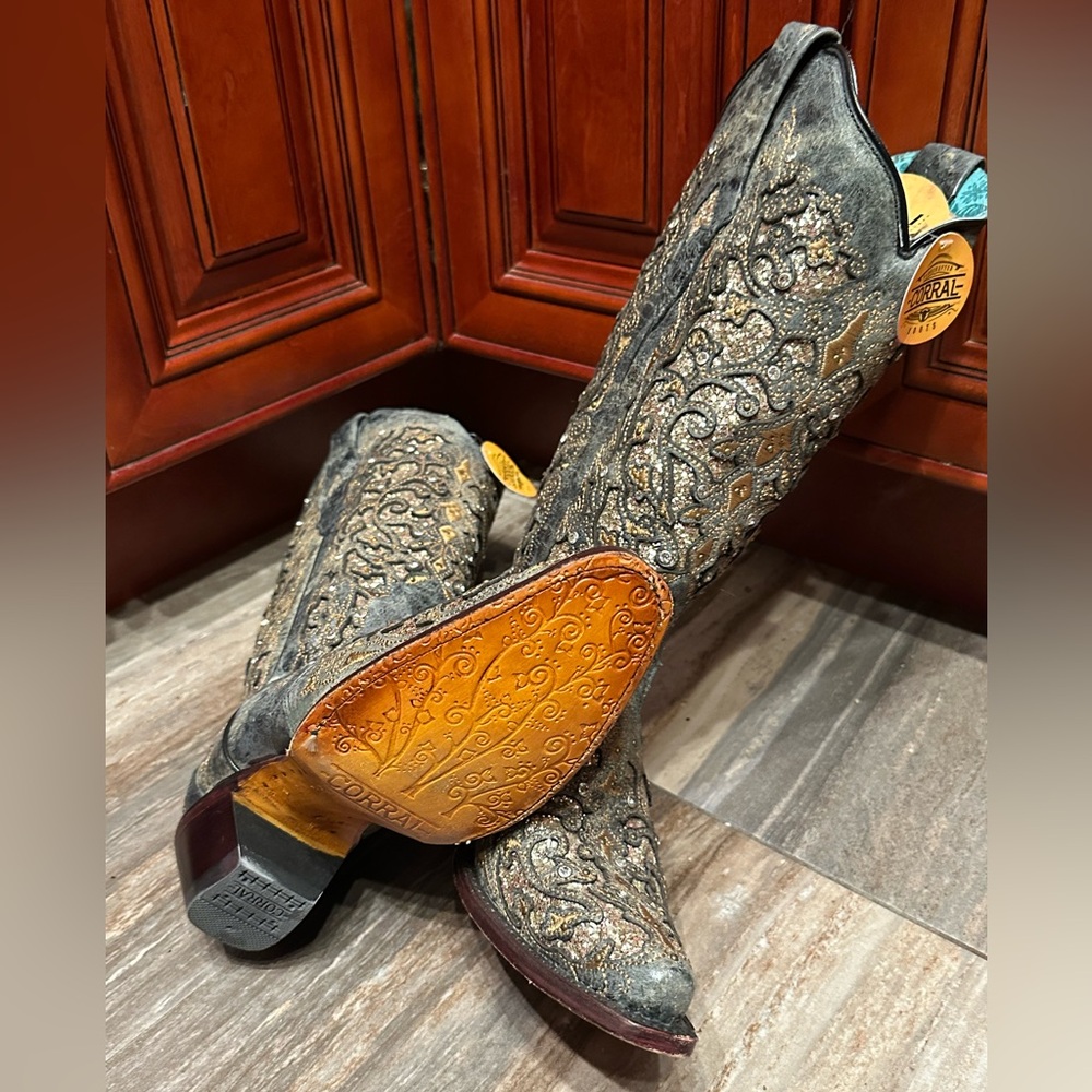 Corral A4231 Gray Gold Glitter Crystal Rhinestone Cowboy Boots Cowgirl Rodeo - Picture 7 of 9